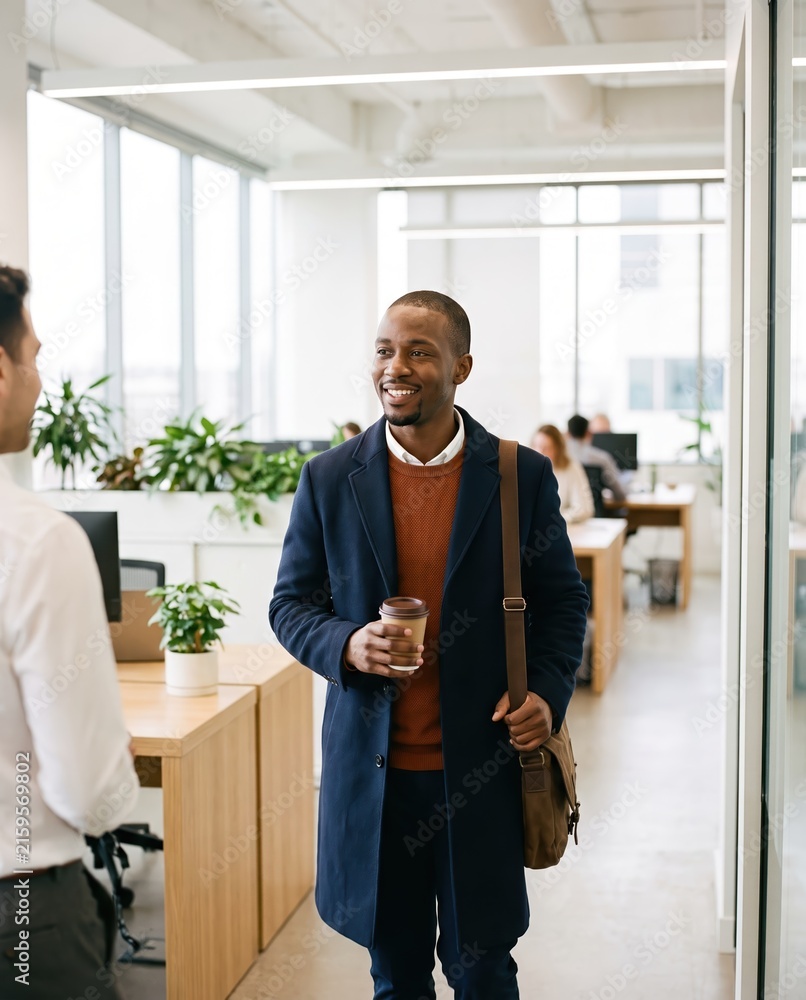 Obraz premium Generative AI, Smiling Black businessman arriving at a bright open office with coffee
