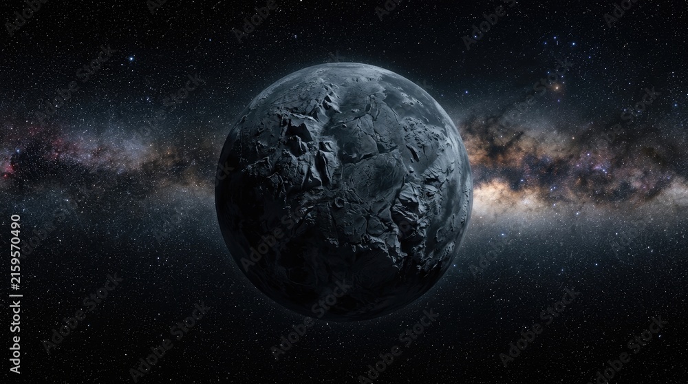 Obraz premium Barren rocky planet floating in dark galactic graveyard of dead worlds, showing cracked stone surface, positioned against deep space stellar background filled with bright stars.