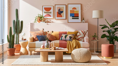 Colorful Rug and Potted Cacti Brighten a Sunlit Living Room