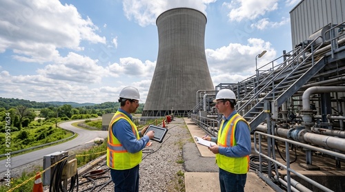 Two professional engineers wearing safety gear and hard hats standing outside a large industrial power plant while reviewing technical documents during the day