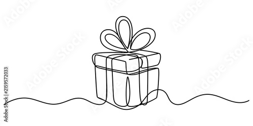 Continuous single line drawing of a gift box with a decorative bow