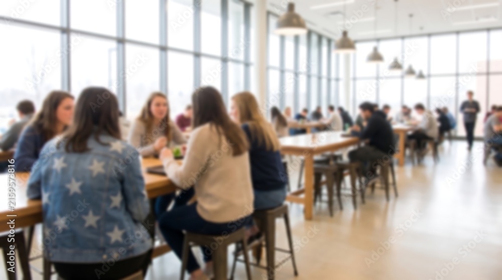 Obraz premium Group of young students sitting at wooden tables in a modern school cafeteria with large windows and high ceilings creating a bright and airy environment for student social interaction