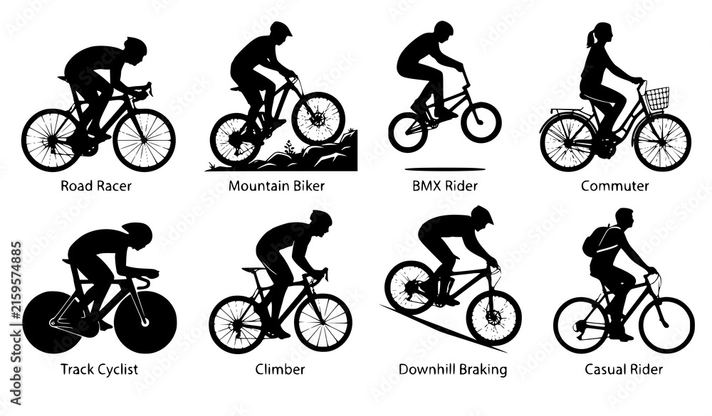 Fototapeta premium Bicycle Riders Cycling Racing Mountain BMX Black Silhouette Vector Collection