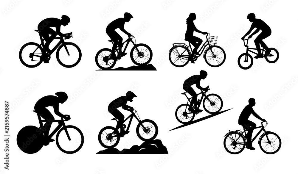 Fototapeta premium Cyclist Bicycle Racing Sport Black Silhouette Vector Icon Set