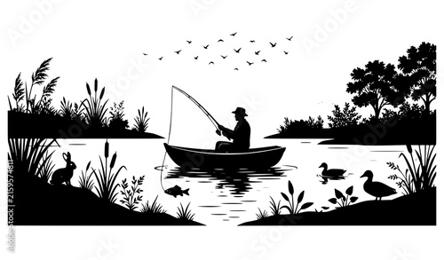Riverside Fishing Angler Boat Ducks Rabbit Birds Black Silhouette Vector Scene
