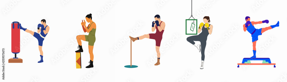 Fototapeta premium Set of flat vector illustrations of diverse athletes practicing kickboxing, boxing, and martial arts moves against a clean white background.
