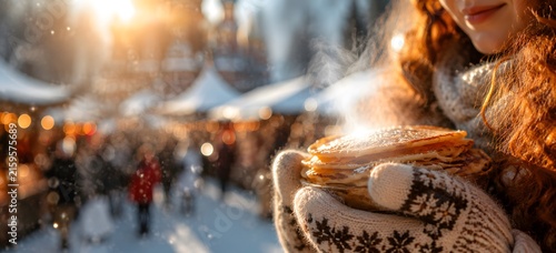 Macro close up of woman hand in knitted patterned mittens holding stack of hot steaming thin pancakes blini at winter street market, traditional Russian Shrovetide Maslenitsa travel concept