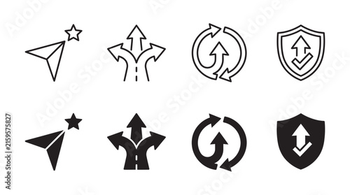 Set of direction and growth vector line and glyph icons with direction rotation security protection illustration