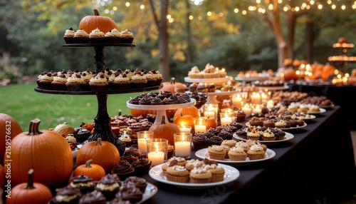 Elegant Autumnal Outdoor Dessert Table Featuring Pumpkin Decor and Assorted Gourmet Baked Treats for Seasonal Celebrations and Festive Evening Gatherings