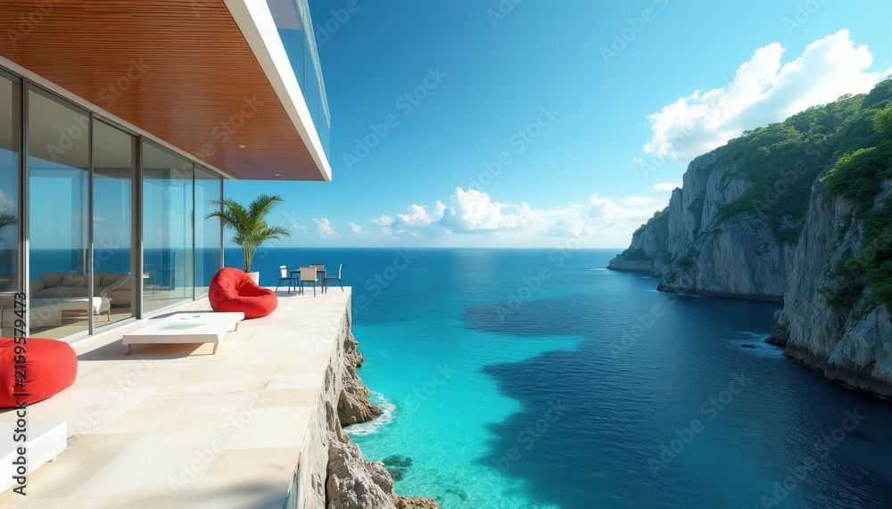 Fototapeta premium Modern luxury villa on steep cliff edge features expansive glass walls overlooking vast blue sea lagoon. Sunny terrace provides red lounge chairs, outdoor dining area. Tropical mountain landscape