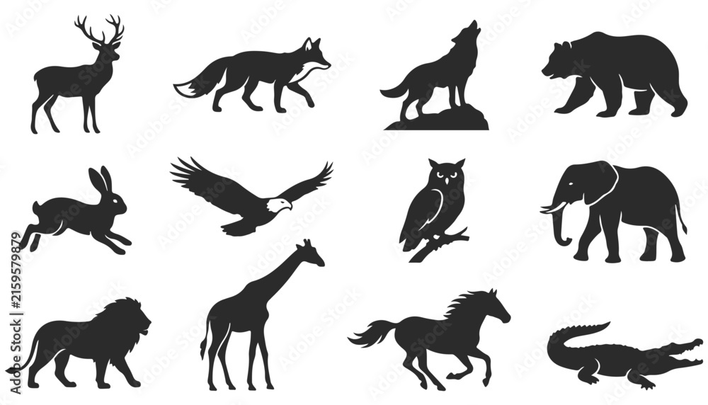 Obraz premium Set of wild animal silhouettes isolated on white background