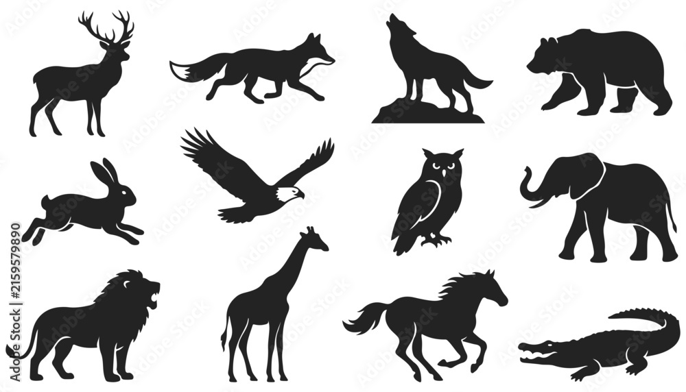 Obraz premium Set of wild animal silhouettes including deer, fox, wolf, bear, rabbit, eagle, owl, elephant, lion, giraffe
