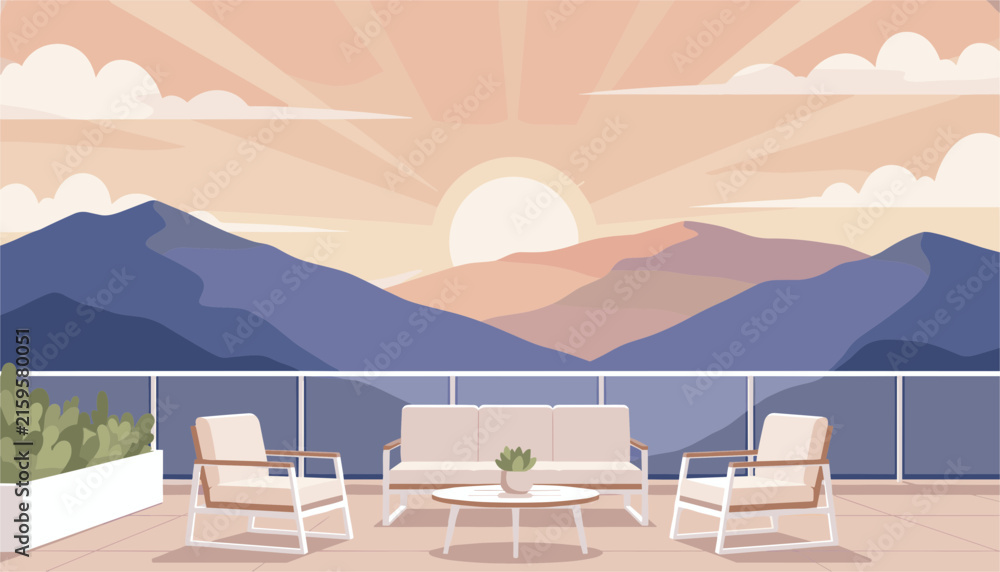 Fototapeta premium Modern outdoor terrace balcony overlooking mountain range during a serene sunset with comfortable sofas and a coffee table.