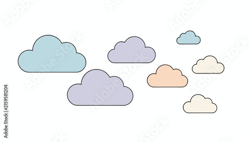 Collection of soft colorful clouds in pastel shades of blue, purple, peach, and white is shown on a plain background.