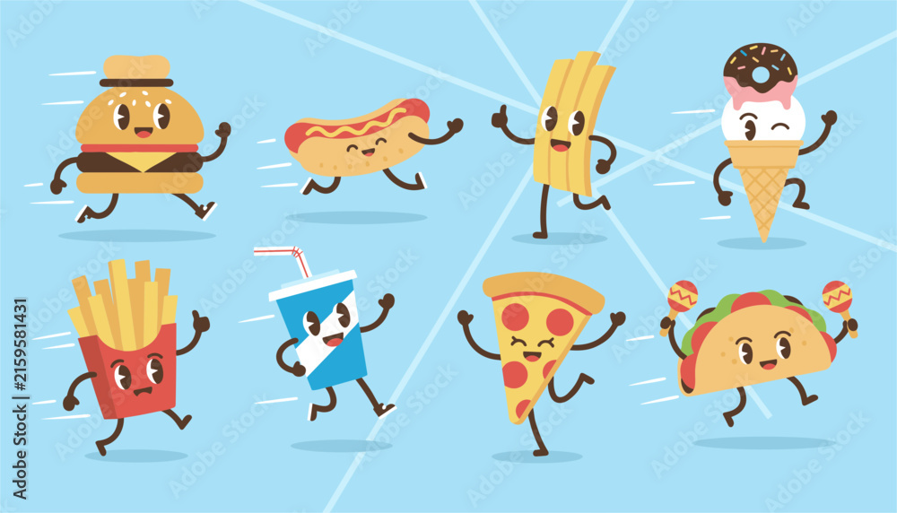 Fototapeta premium Group of adorable cartoon fast food characters running together including hamburger, pizza, french fries, soda, and ice cream cone.