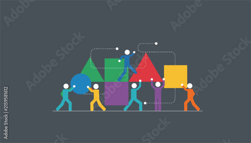 Stylized colorful stick figures working together to arrange large geometric shapes representing teamwork and project management.