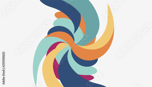 Vibrant abstract vortex composed of colorful swirling curved shapes in blue, orange, teal, and magenta over a white background.