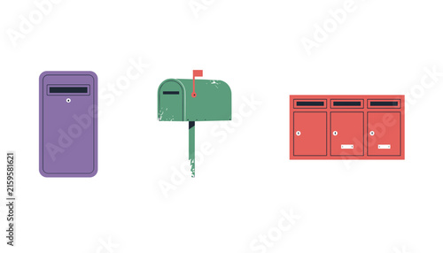 Set of three colorful mailboxes showing a wall mounted box, a traditional post mailbox, and a group of modern apartment slots.