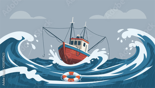 Small fishing boat tossing on rough stormy sea waves under a dark rainy sky with a lifebuoy floating in the foreground.
