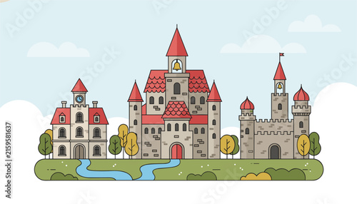 Three medieval fairy tale castles and historic stone fortresses on a grassy island with a winding river under a cloudy sky.