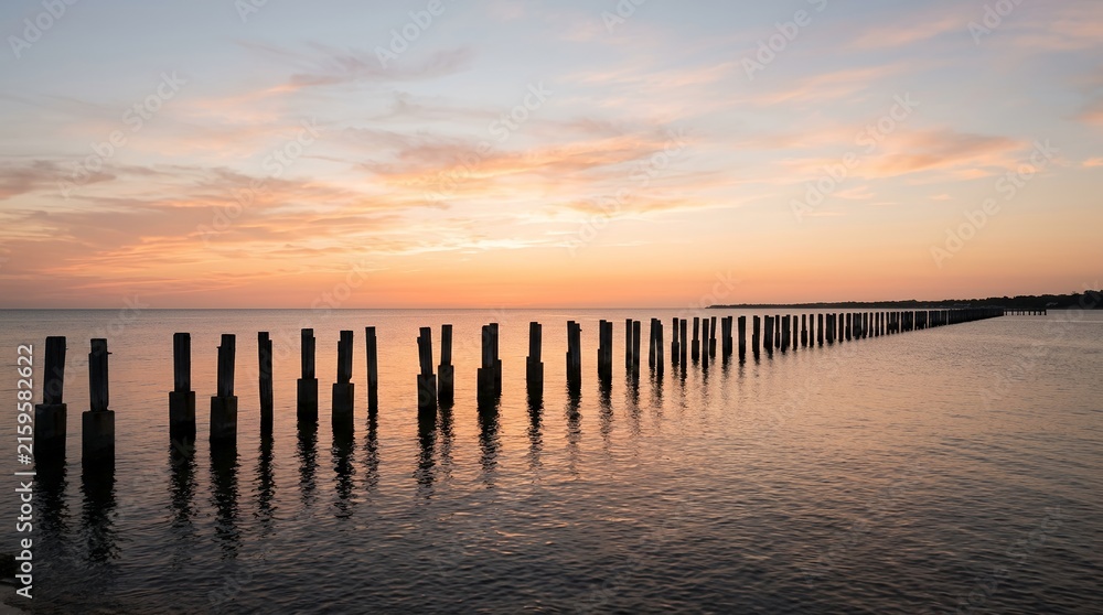 Obraz premium Wooden posts in the sea at sunset with colorful sky.