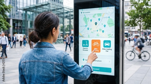 Woman in denim jacket using outdoor touch screen kiosk to select bike sharing transport option on mobility app interface in busy urban city street with pedestrians and cyclists in.