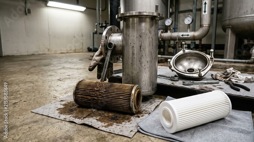 Industrial water filter replacement during routine facility maintenance service.