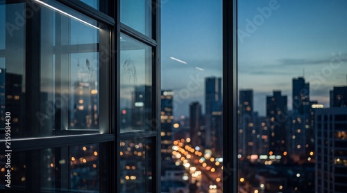 Twilight city view through window reveals distant bokeh lights and architecture