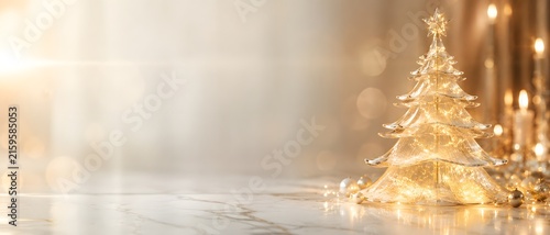 Macro close up of elegant glowing glass crystal Christmas tree with warm micro led lights on white marble table, premium winter holiday decoration and luxury bokeh abstract background 