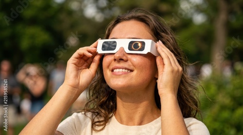 A smiling young woman wearing eclipse glasses to watch a rare solar eclipse outside in a park