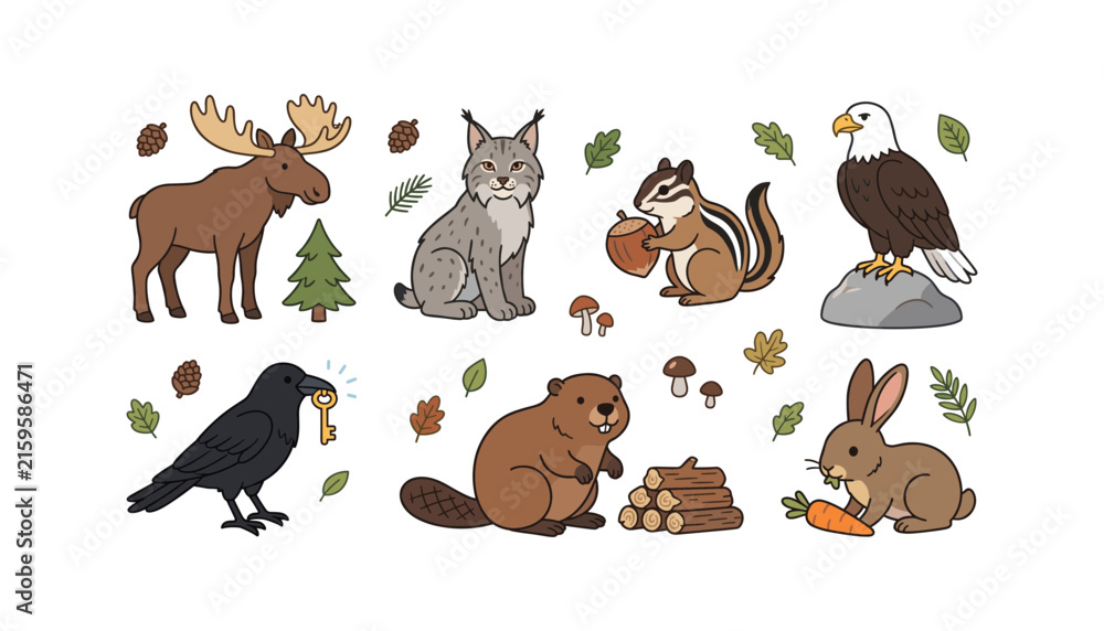 Obraz premium Cute North American Forest Animals Vector Clipart Set with Moose Lynx Chipmunk Beaver Eagle and Raven Characters for Children Educational Media and Nursery Prints
