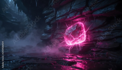 Glowing pink crystal in dark stone cave, magical energy stone with lightning effects, mysterious fantasy cavern landscape