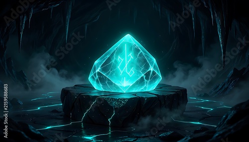 Glowing turquoise crystal with ancient rune, mystical glowing gem on stone altar, magical crystal in dark cavern, fantasy game asset