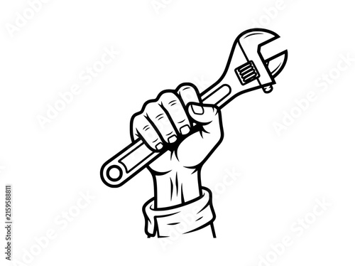 Bild auf Leinwand Vintage mechanic hand holding adjustable wrench vector, retro worker fist with s