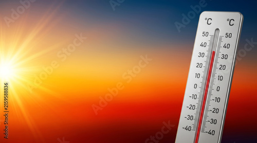Extreme summer heat wave hot temperature thermometer sun sunset climate change weather forecast. Global warming climate change. hot high temperature sun weather, danger risk emergency crisis