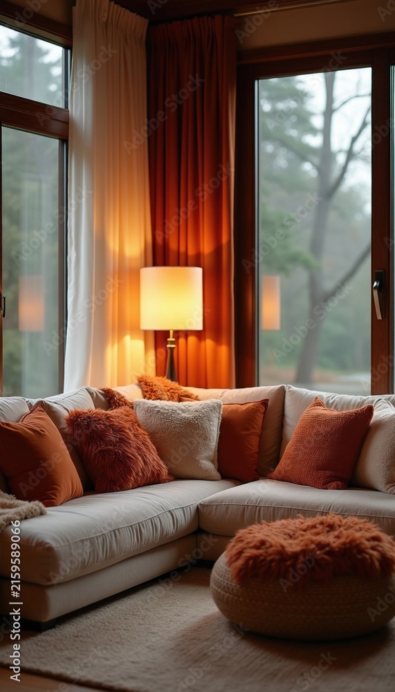 Fototapeta premium Modern living room corner with comfortable sofa, soft pillows. Warm lamp light creates cozy atmosphere for home relaxation during evening hours. Interior design features beige furniture large