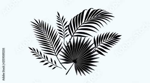 Black silhouette of tropical palm leaves and fern fronds on light background, minimalist design