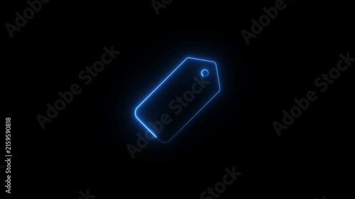 Animated glowing blue neon price tag icon on a black background. Minimal line-art design representing shopping, pricing, discounts,Icon Animation on Black Background 4K Motion Graphics.