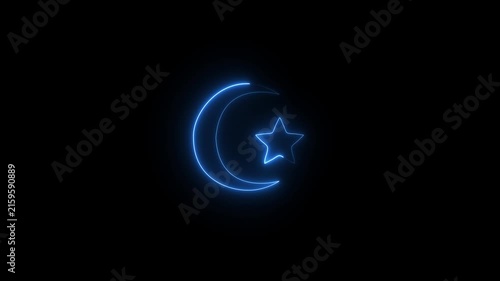 Neon Crescent Moon and Star neon icon animation depicting the Islamic symbol of a crescent moon and star on a black background, 4k video.motion..