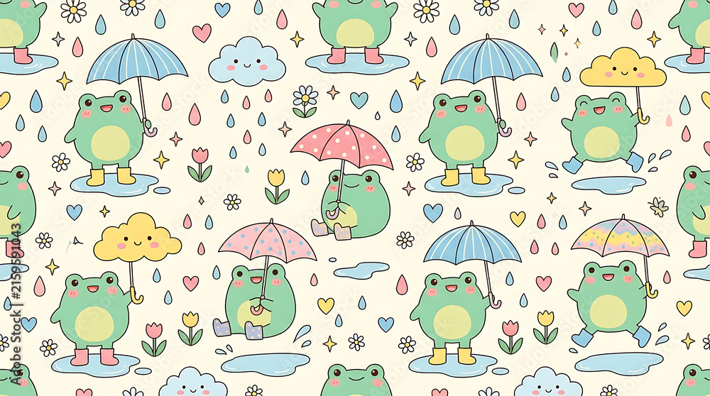 Fototapeta premium Cute seamless pattern with happy frogs holding umbrellas and playing in the rain