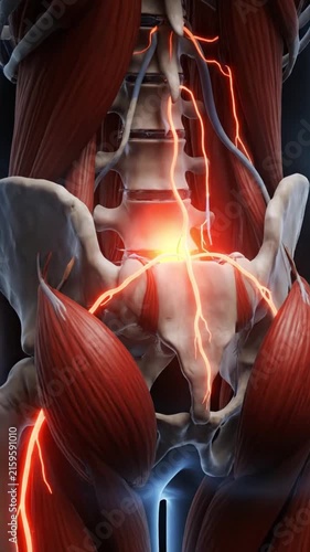Human lumbar spine and pelvis anatomy with glowing orange nerve pathways radiating lower back pain, ideal for orthopedics, sciatica treatment, spinal health, chiropractic care, medical vertical video