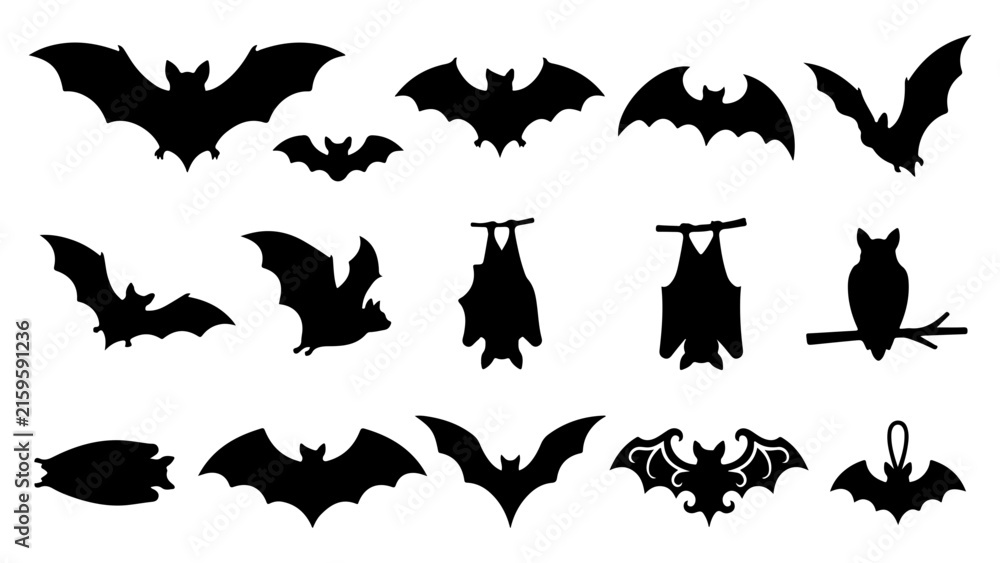 Fototapeta premium Set of black bat silhouettes for halloween vector illustration
