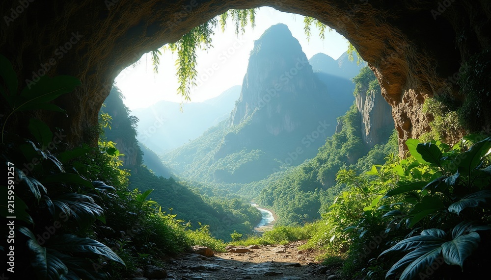 Naklejka premium View from inside dark cave looking out at mountain landscape. Green forest covers slopes under bright sky. Winding river flows through valley floor below rocky cliffs. Nature hike trail leads towards