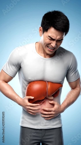 A Man holding his abdomen in discomfort, with a highlighted visual overlay of a diseased fatty liver showing fat deposits and radiating nerve pain, ideal for healthcare, hepatology, and medical stock 