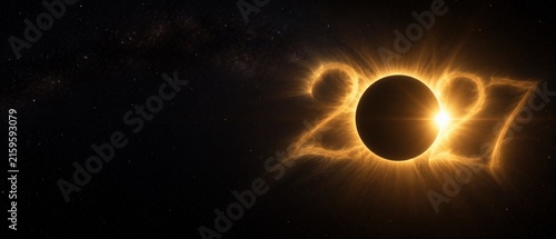 Solar eclipse with glowing halo in starry space