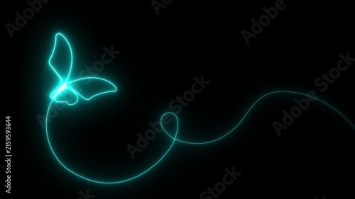 Neon butterfly line animation glowing cyan abstract flying shape with wave trail on black background minimal nature concept modern design 4k motion video..