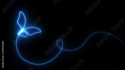Neon butterfly line animation glowing blue abstract flying shape with wave trail on black background minimal nature concept modern design 4k motion video..