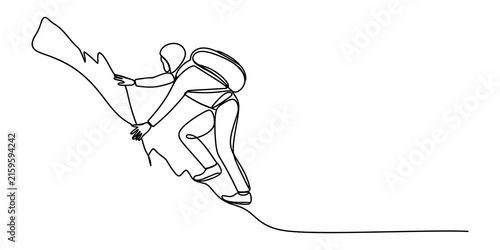 Photography Continuous line drawing of a person hiking up a steep mountain