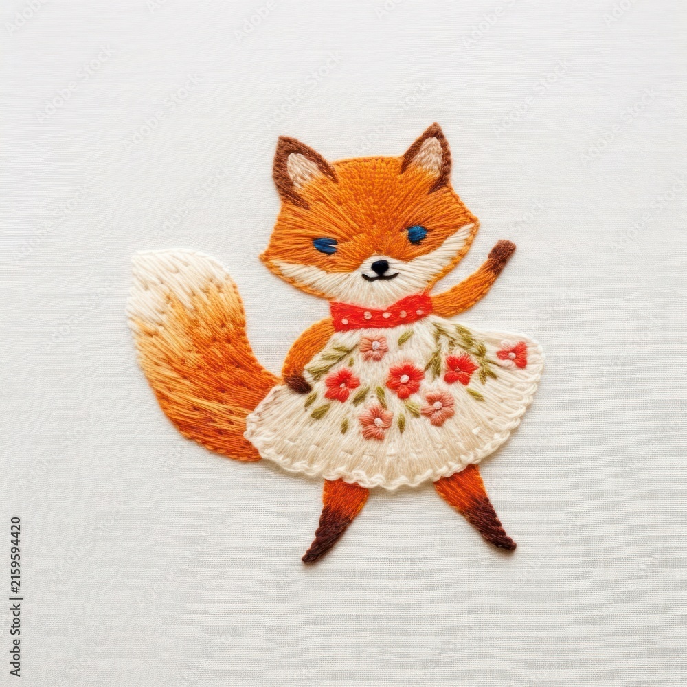 Naklejka premium Red fox dancing embroidery pattern textile.