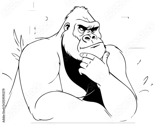 Gorilla contemplating with thoughtful expression with depicts gorilla sitting hand chin chin lost thought black white contemplation introspective